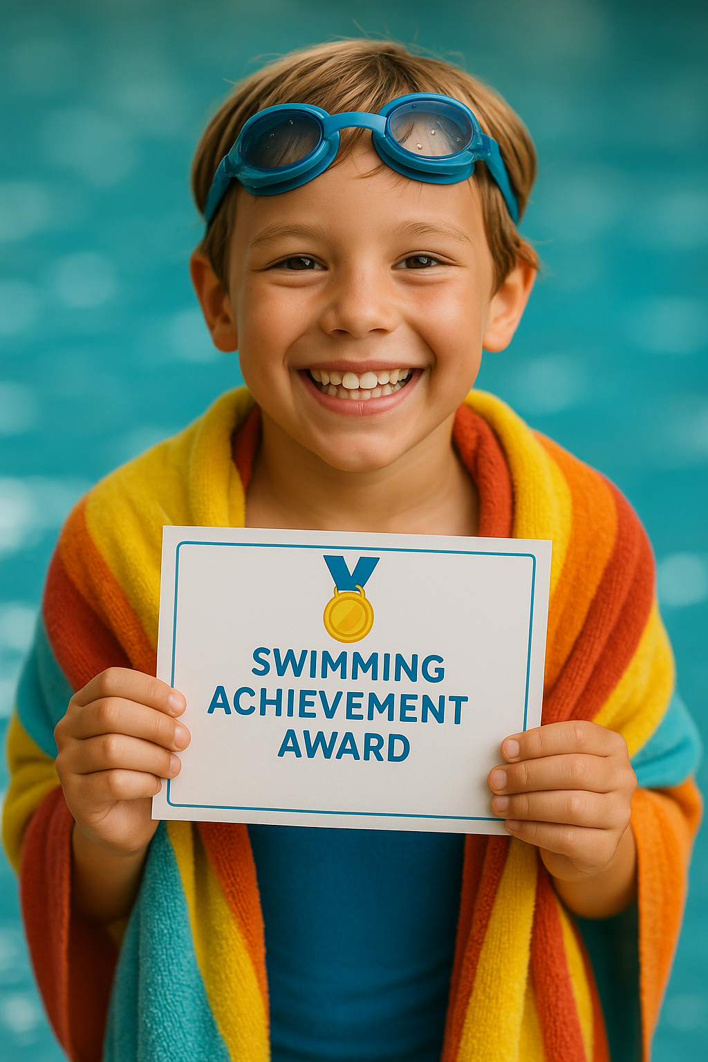 Child receiving swimming certificate
