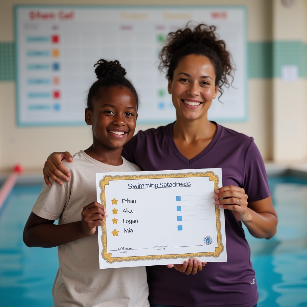 A smiling child proudly receives a swimming certificate from a female swim coach, standing in front of a progress board showing student names and achievement stars, inside a bright indoor pool facility.